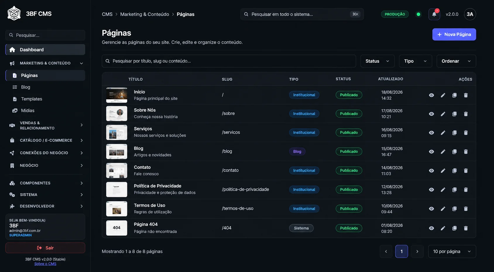 Gestão de páginas do 3BF CMS com o site já publicado