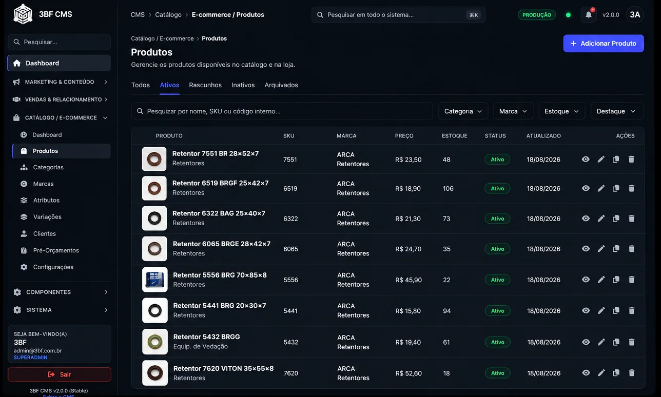 Catálogo de produtos do 3BF CMS com preço e estoque em visualização de lista