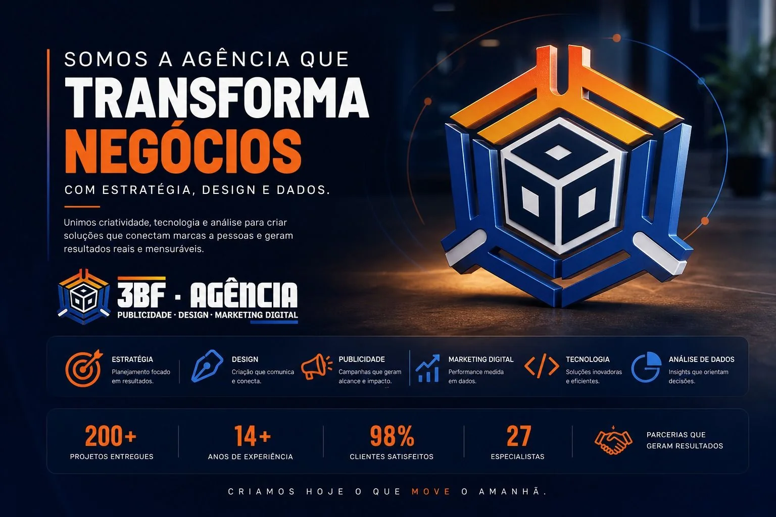 Peça institucional da 3BF Agência com o símbolo isométrico da marca em 3D