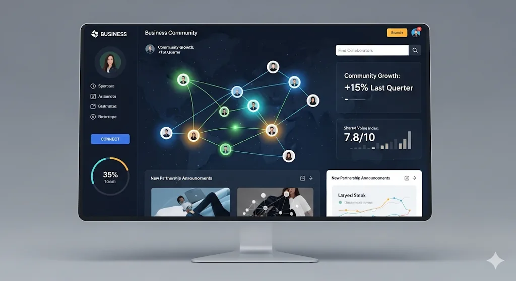 Interface de plataforma de comunidade empresarial com rede de membros e indicadores de crescimento