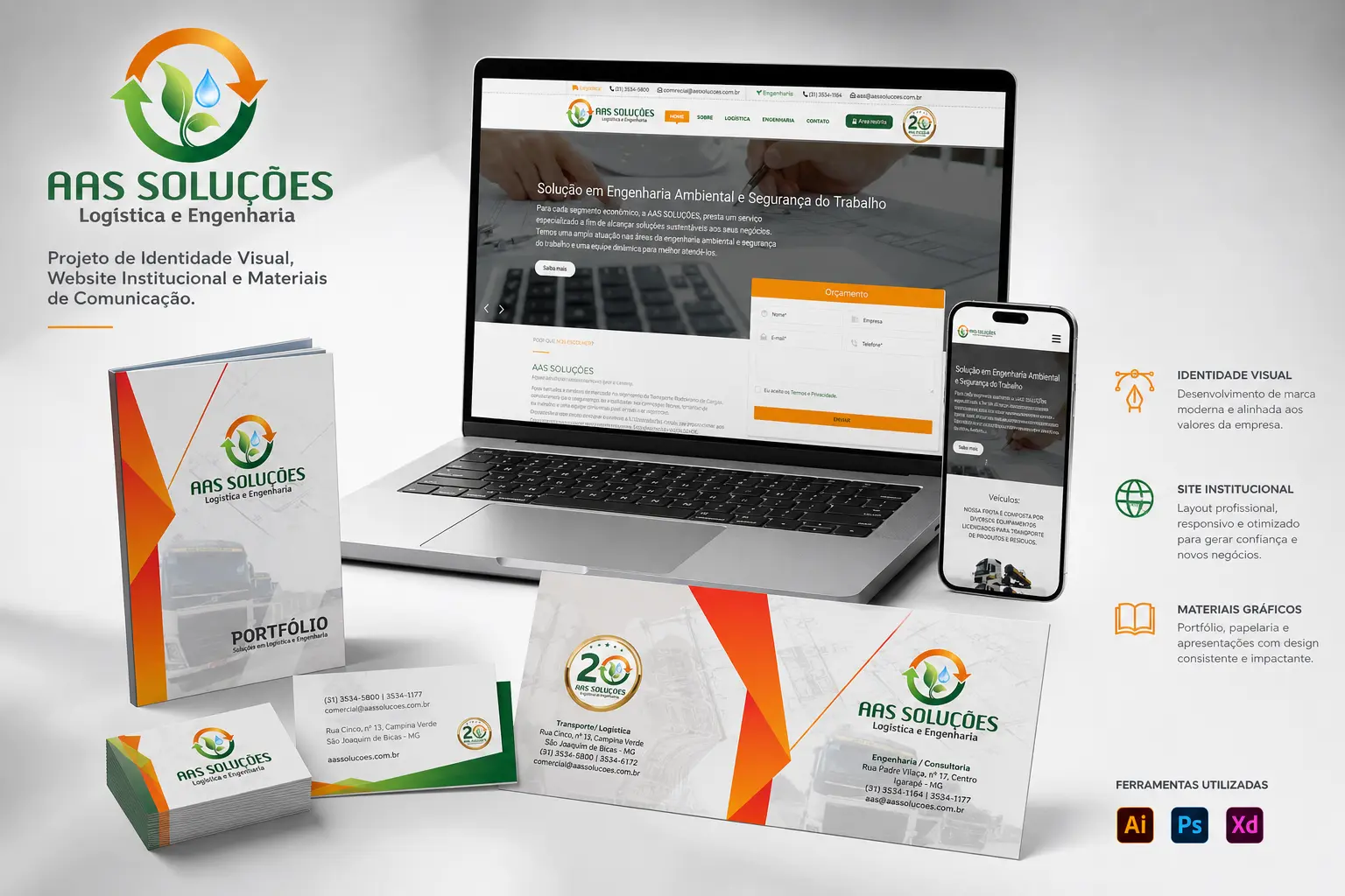 Identidade visual, site e materiais impressos da AAS Soluções Logística e Engenharia