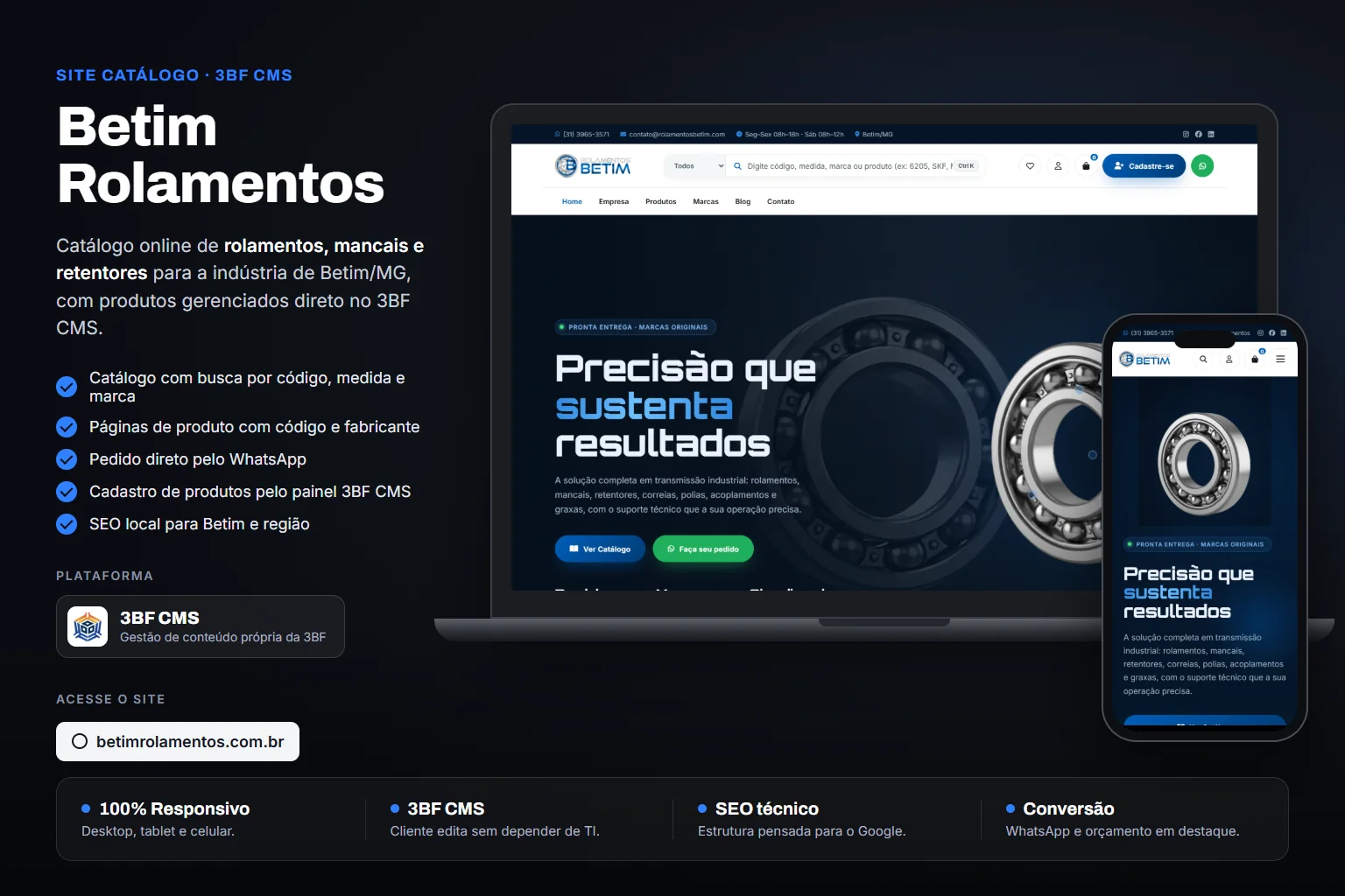 Site catálogo da Betim Rolamentos exibido em notebook e celular
