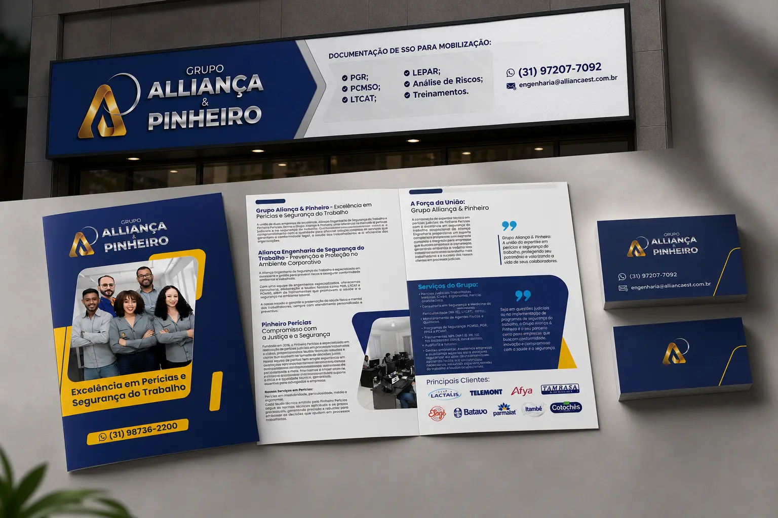 Material institucional do Grupo Aliança e Pinheiro: fachada, folder e cartões de visita