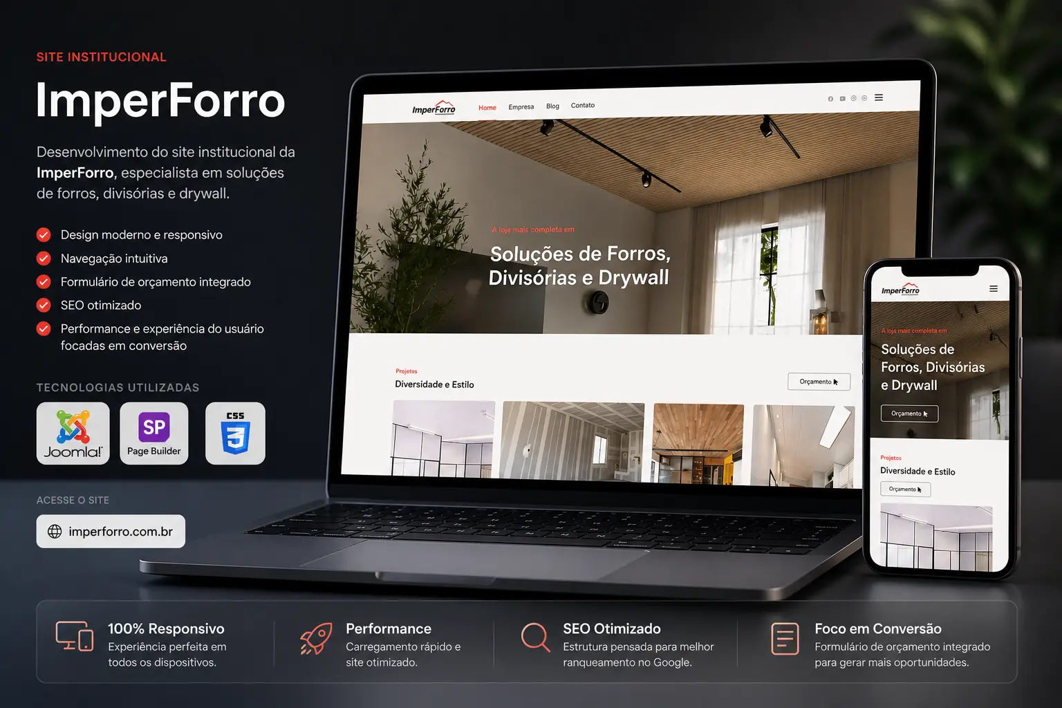 Site institucional da ImperForro exibido em notebook e celular