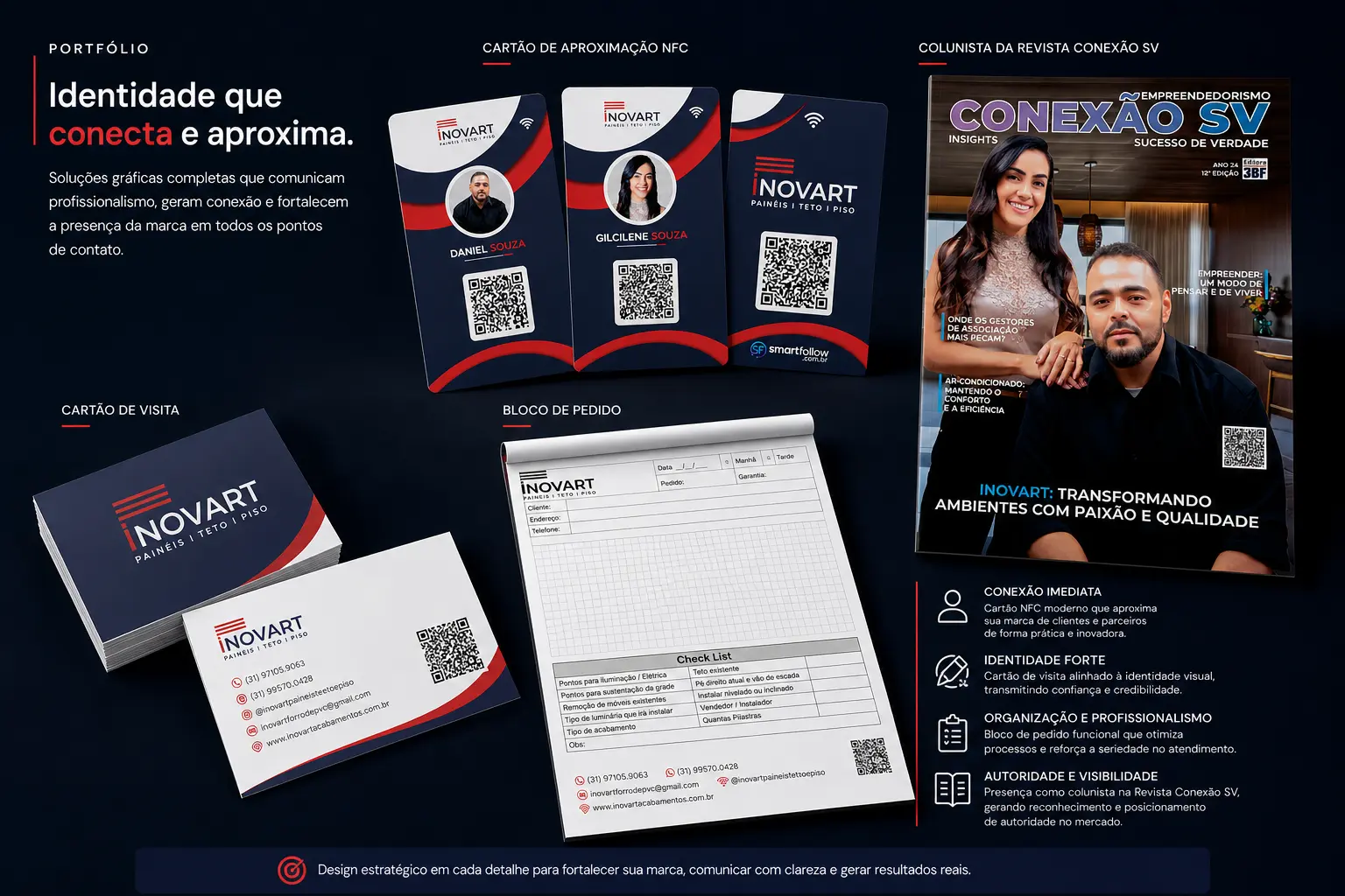 Identidade aplicada da Inovart: cartões NFC, cartão de visita, bloco de pedido e capa de revista