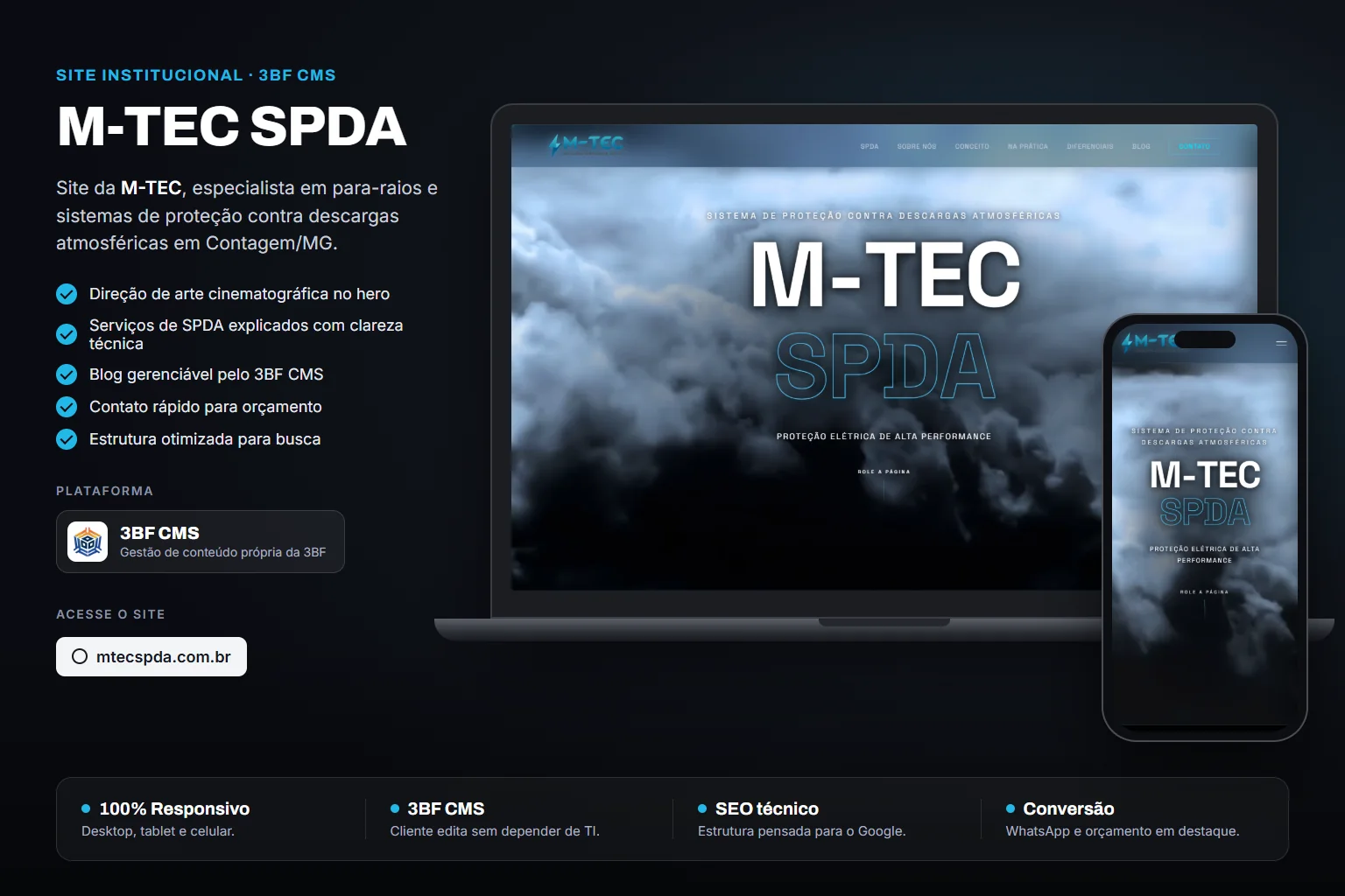 Site institucional da M-TEC SPDA exibido em notebook e celular