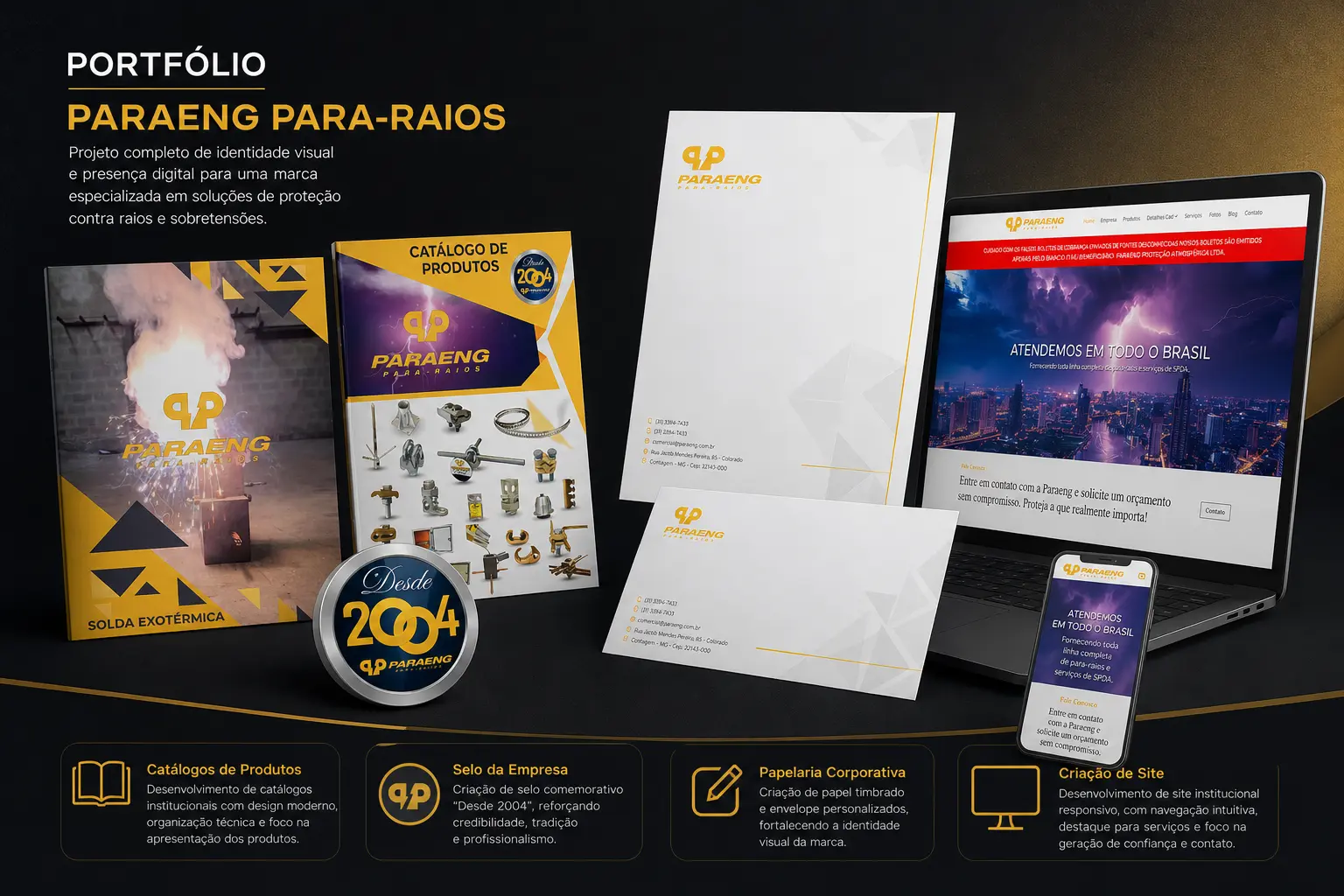 Identidade visual da Paraeng Para-Raios: catálogo, selo comemorativo, papelaria e site